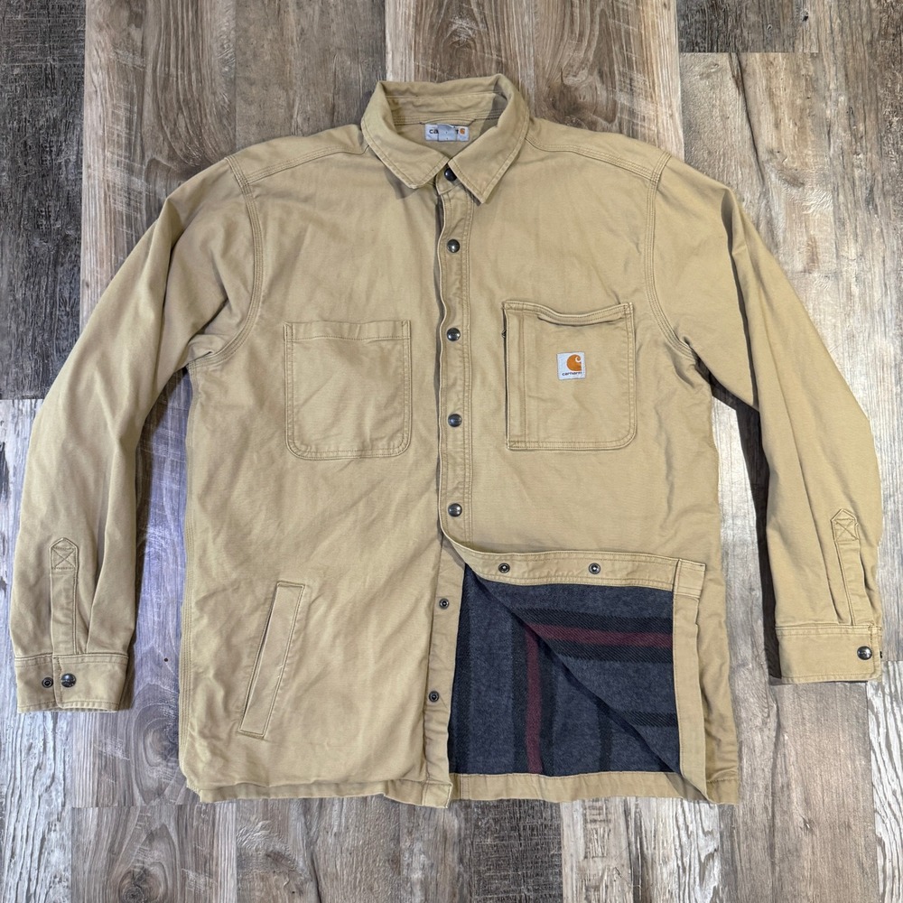 Carhartt Rugged Flex Rigby Shirt Jac Blanket Fleece Lined Shacket Canvas Khaki L